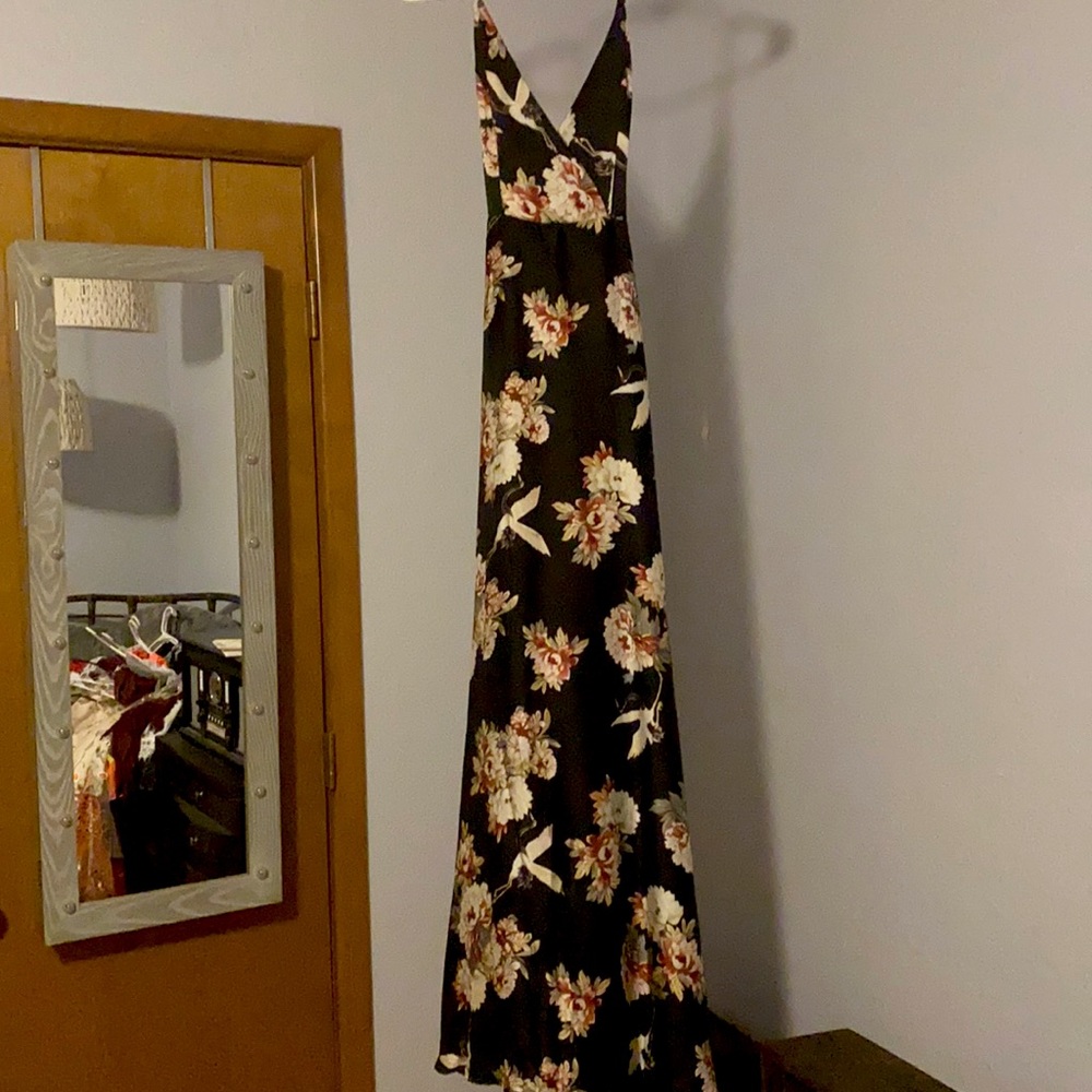 Long Black Satin Flower Print Dress